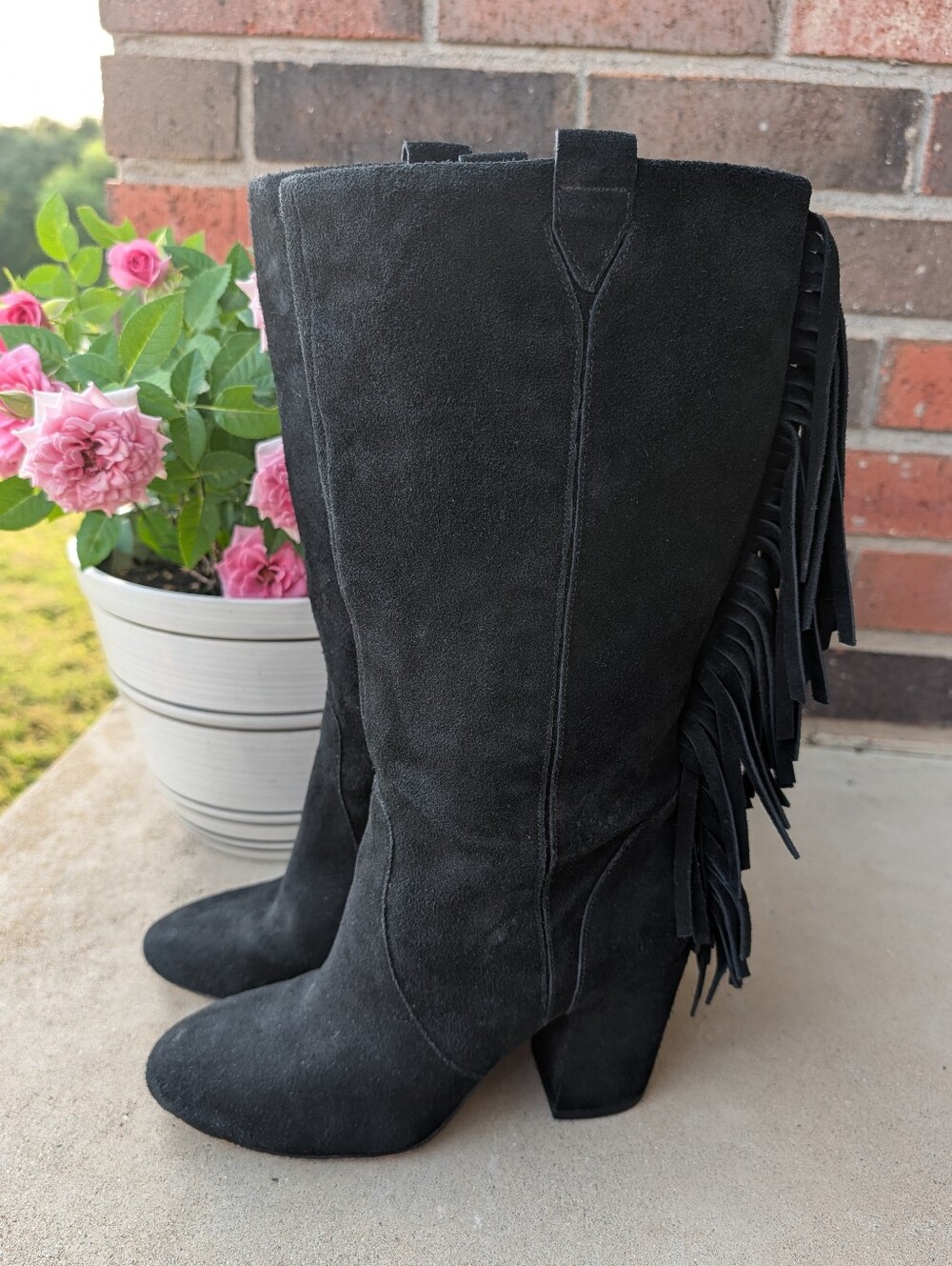 🖤 Vintage Nine West Suede Leather Pull On Knee High Fringe Heeled Boots, 7